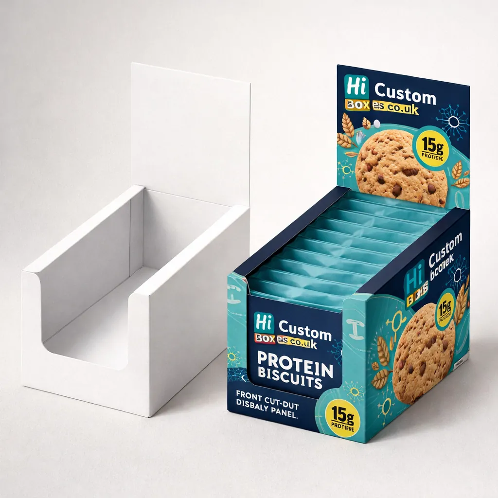 Two cardboard counter display units, one plain white and one filled with branded teal biscuit packets.